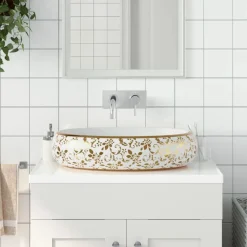 vidaXL Fontanería-Lavabo sobre encimera ovalado cerámica blanco dorado 59x40x15cm
