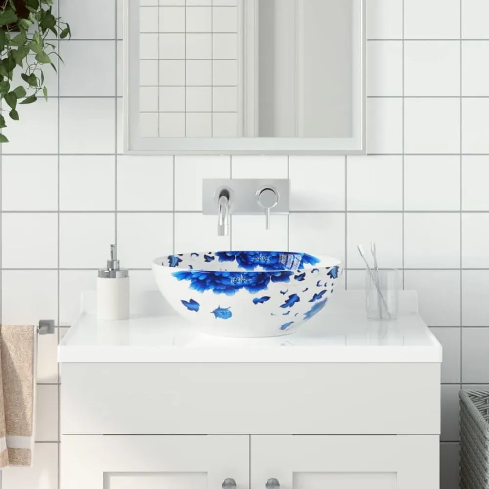 vidaXL Fontanería-Lavabo sobre encimera redondo cerámica blanco y azul Φ41x14 cm