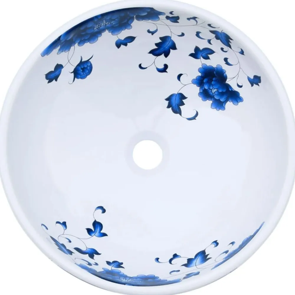 vidaXL Fontanería-Lavabo sobre encimera redondo cerámica blanco y azul Φ41x14 cm