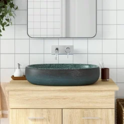 vidaXL Fontanería-Lavabo sobre encimera ovalado cerámica turquesa 59x40x14 cm