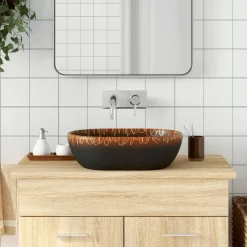 vidaXL Lavabo sobre encimera ovalado cerámica negro naranja 47x33x13cm Negro y naranja