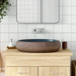 vidaXL Fontanería-Lavabo sobre encimera ovalado cerámica marrón y azul 59x40x15cm
