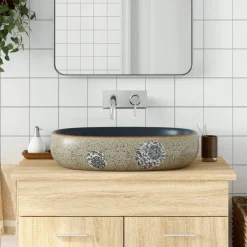 vidaXL Lavabo sobre encimera ovalado arena y azul cerámica 59x40x14 cm Azul oscuro Outlet