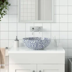 vidaXL Lavabo sobre encimera redondo cerámica blanco y Φ41x14 cm Azul Discount