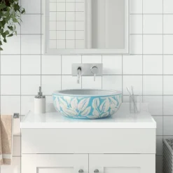 vidaXL Fontanería-Lavabo sobre encimera redondo cerámica blanco y azul Φ41x14 cm