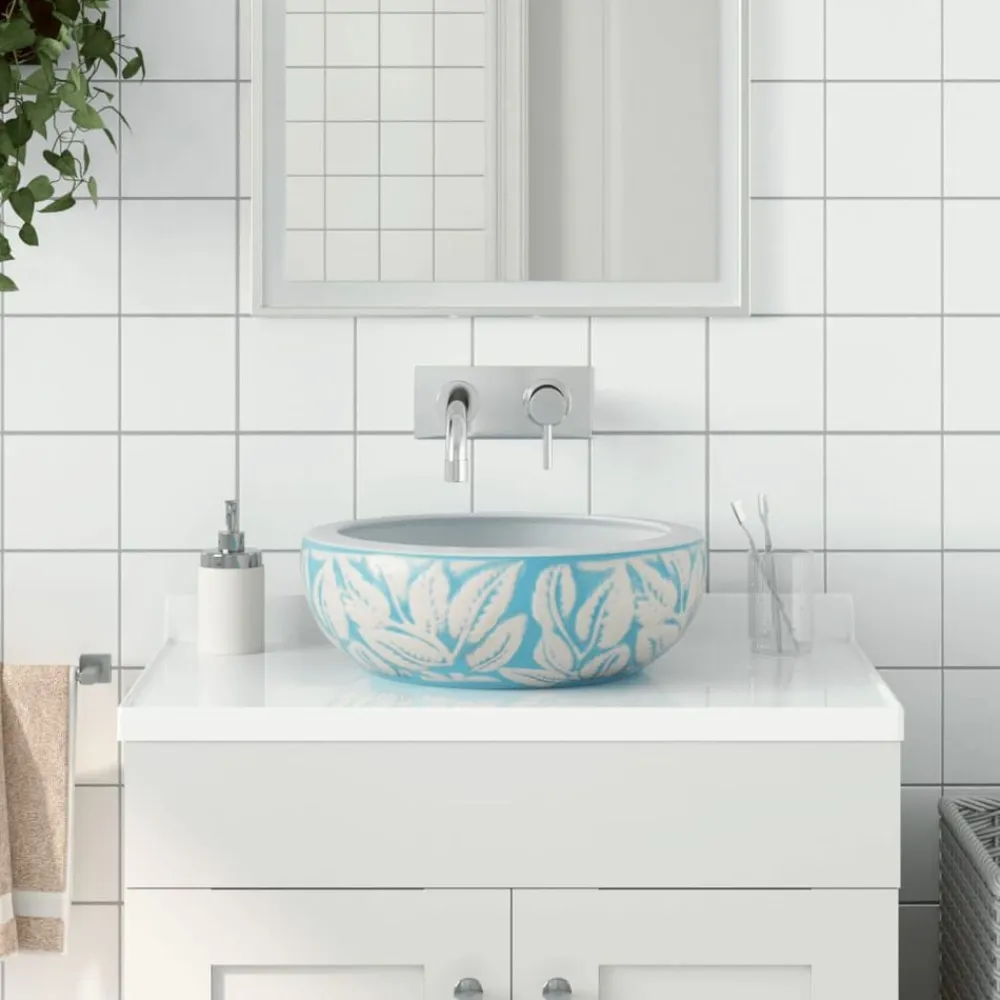 vidaXL Fontanería-Lavabo sobre encimera redondo cerámica blanco y azul Φ41x14 cm
