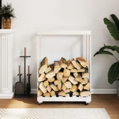 vidaXL Accesorios Para Hornos De Leña Y Chimeneas-Leñero con ruedas madera maciza de pino 76,5x40x108 cm