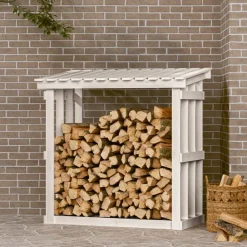 vidaXL Leñero de madera maciza de pino 108x64,5x109 cm Blanco Discount