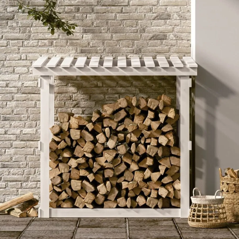vidaXL Leñero de madera maciza de pino 108x64,5x109 cm Blanco Discount