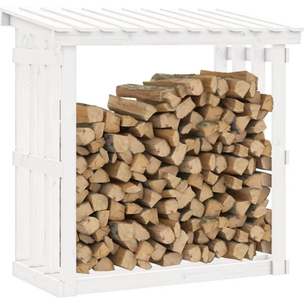 vidaXL Leñero de madera maciza de pino 108x64,5x109 cm Blanco Discount