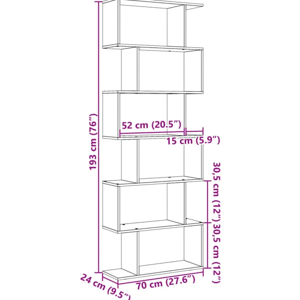 vidaXL Estanterías-Librería divisora 6 niveles madera gris hormigón 70x24x193 cm