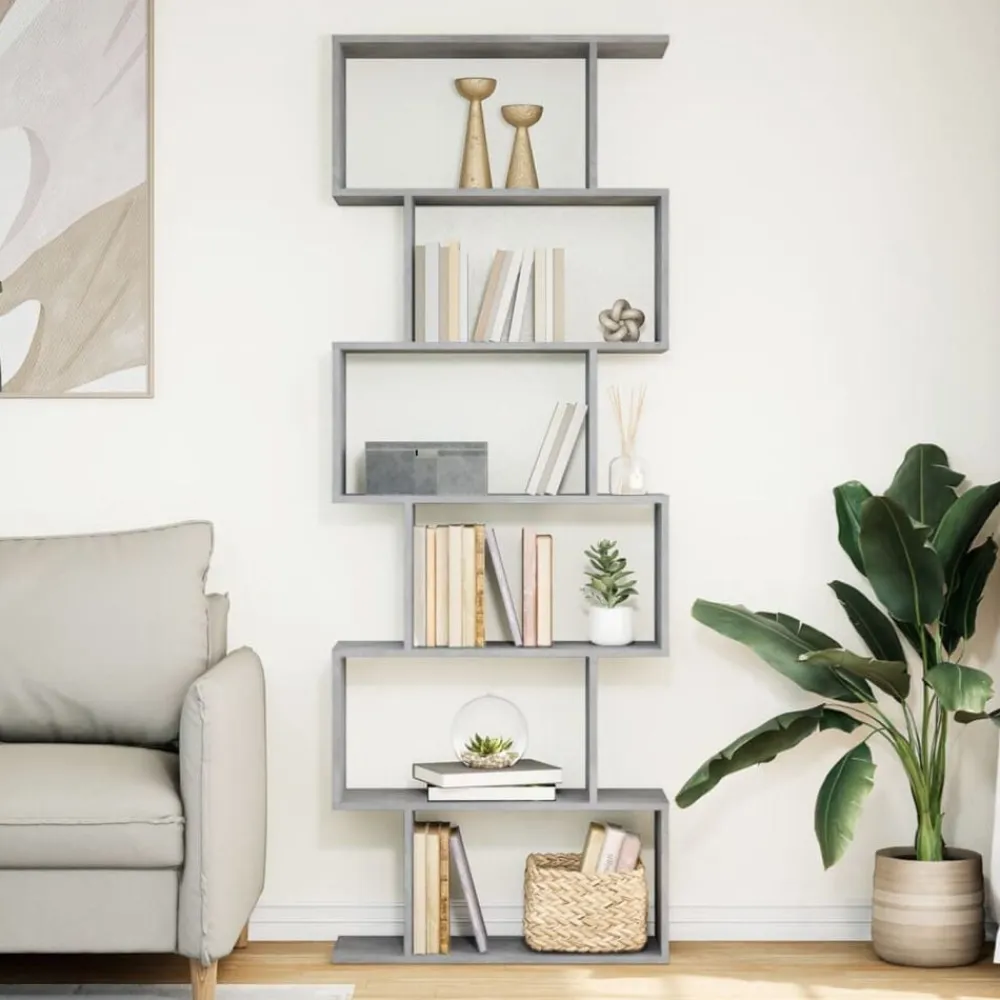 vidaXL Estanterías-Librería divisora 6 niveles madera gris hormigón 70x24x193 cm