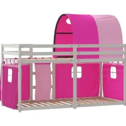 vidaXL Camas Y Accesorios-Litera con cortinas madera maciza de pino rosa 90x200 cm