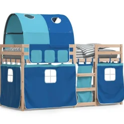 vidaXL Litera con cortinas madera maciza de pino 90x200 cm Azul New