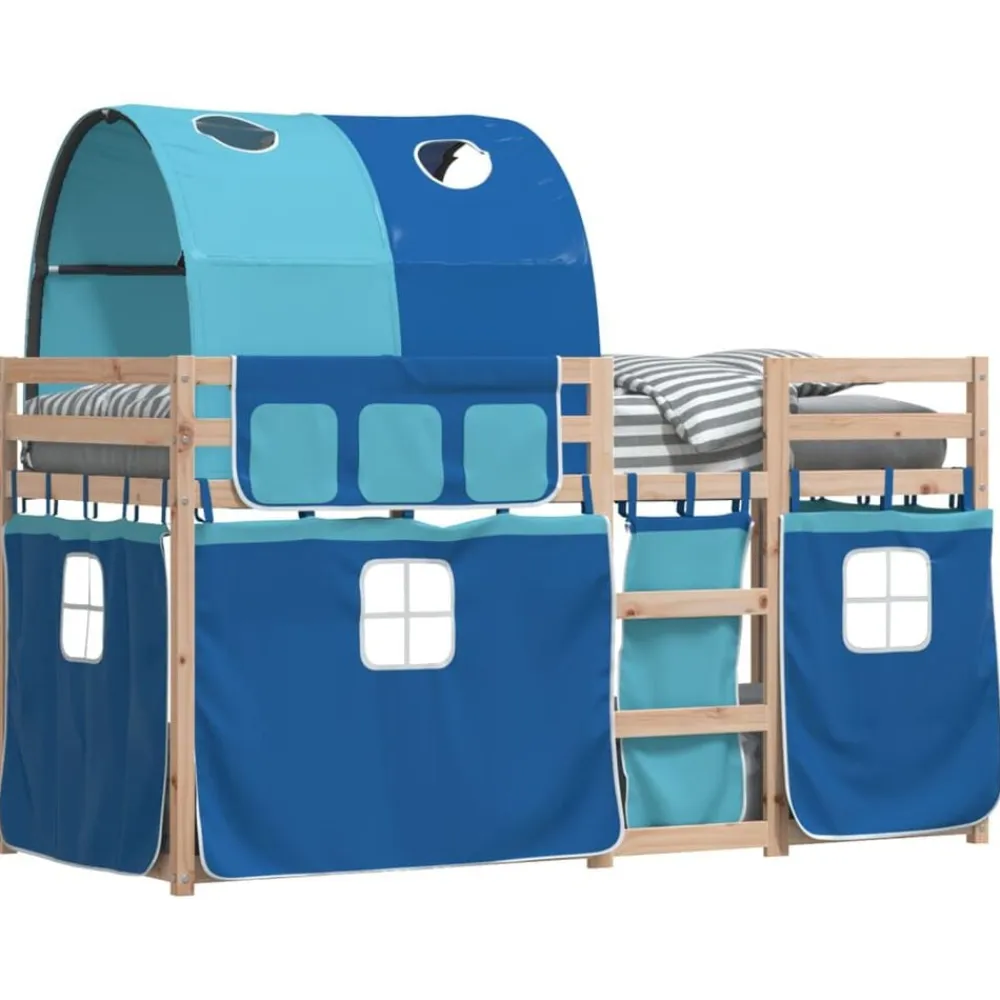 vidaXL Litera con cortinas madera maciza de pino 90x200 cm Azul New