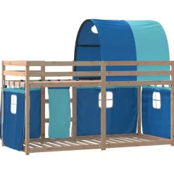 vidaXL Litera con cortinas madera maciza de pino 90x200 cm Azul New