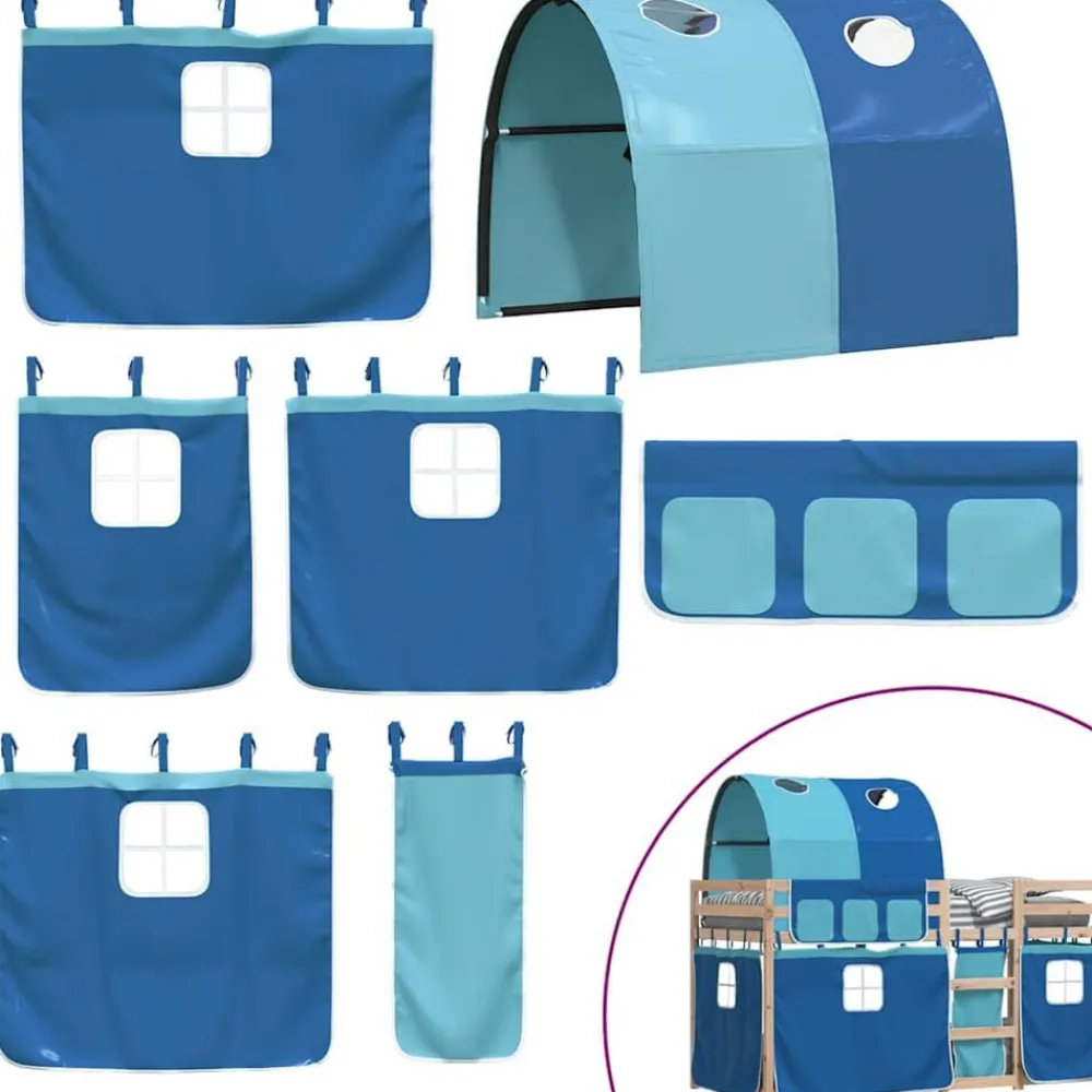 vidaXL Litera con cortinas madera maciza de pino 90x200 cm Azul New