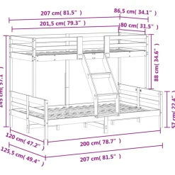 vidaXL Camas Y Accesorios-Litera de madera maciza de pino 80x200/120x200 cm