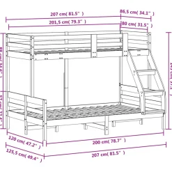 vidaXL Camas Y Accesorios-Litera de madera maciza de pino 80x200/120x200 cm