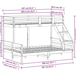 vidaXL Camas Y Accesorios-Litera de madera maciza de pino 90x200/140x200 cm
