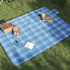 vidaXL Manta de picnic plegable de cuadros terciopelo 200x150 cm Azul