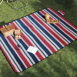 vidaXL Manta de picnic plegable terciopelo rayas azul 200x150 cm Rojo Sale