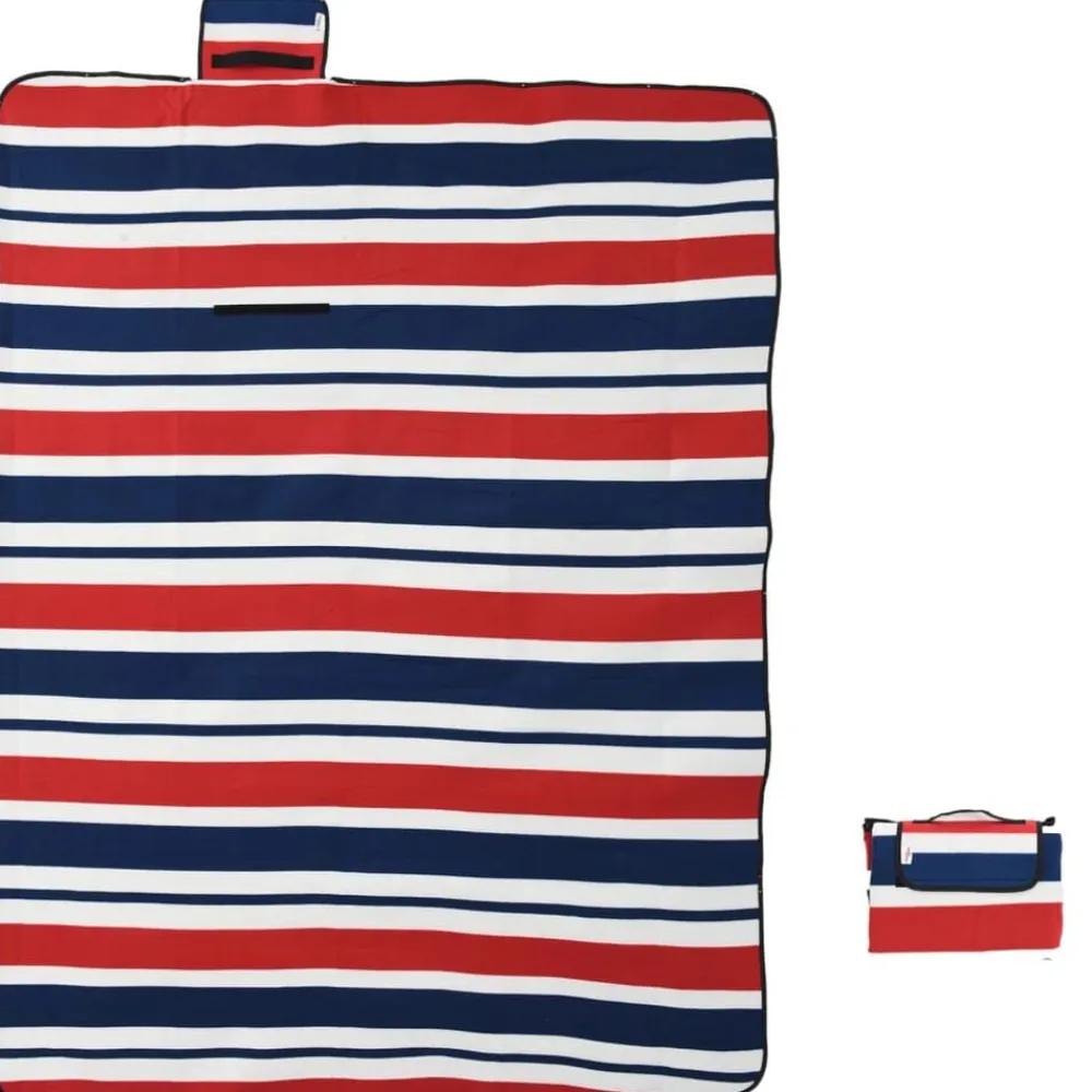 vidaXL Manta de picnic plegable terciopelo rayas azul 200x150 cm Rojo Sale