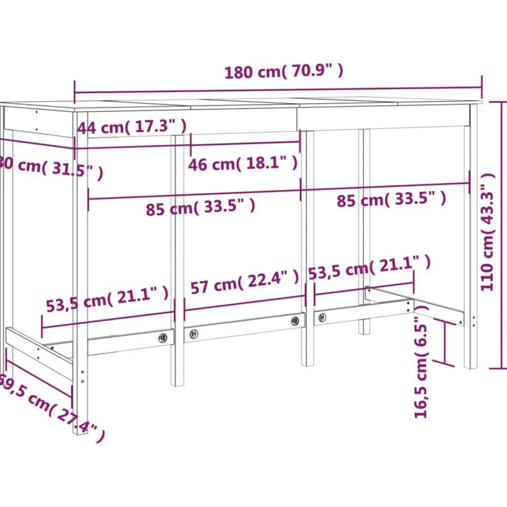 vidaXL Mesas-Mesa alta de bar madera maciza de pino 180x80x110 cm