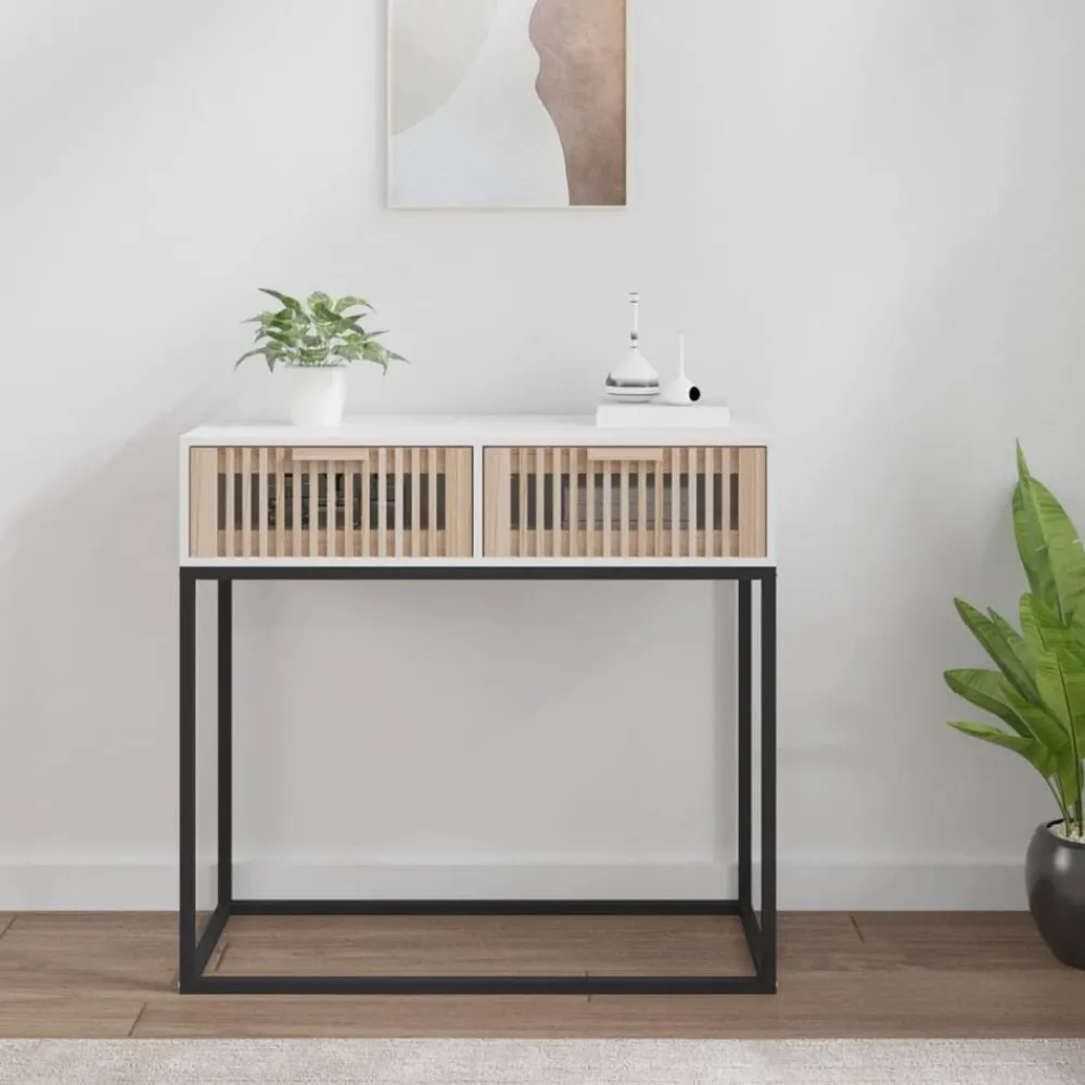 vidaXL Mesa consola hierro y madera contrachapada 80x30x75 cm Blanco Best