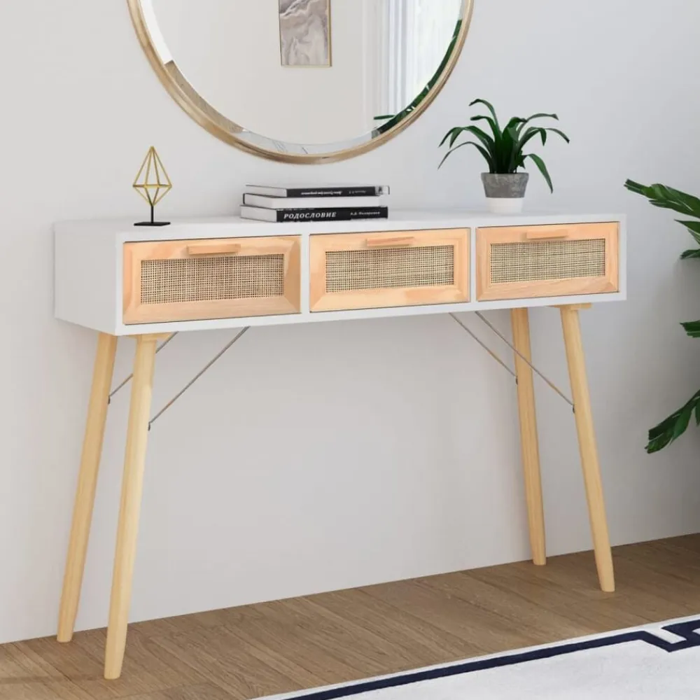 vidaXL Mesas-Mesa consola madera pino maciza ratán natural 105x30x75 cm