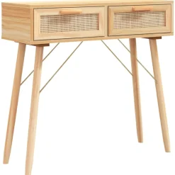 vidaXL Mesa consola madera pino maciza ratán natural marrón 80x30x75cm Marr&oacute;n Outlet