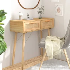 vidaXL Mesa consola madera pino maciza ratán natural marrón 80x30x75cm Marr&oacute;n Outlet