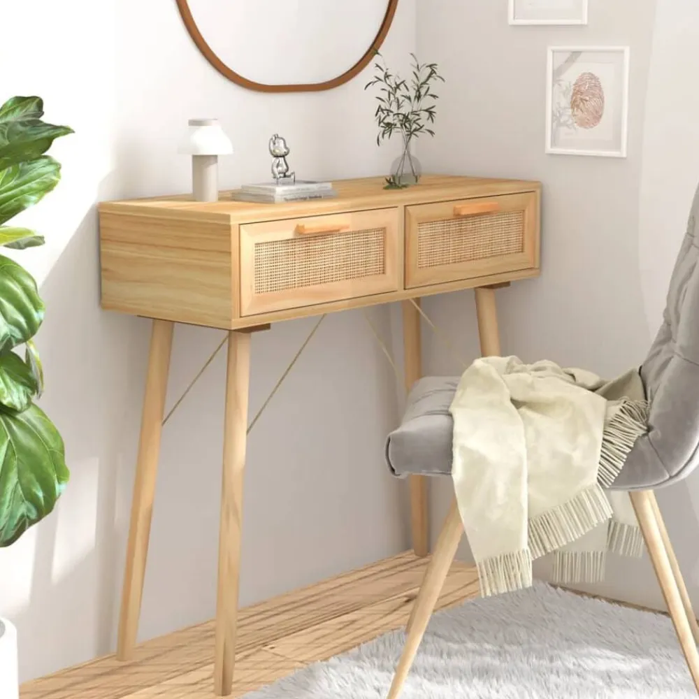 vidaXL Mesa consola madera pino maciza ratán natural marrón 80x30x75cm Marrón Outlet