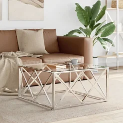 vidaXL Mesa de centro acero inoxidable y vidrio 80x80x40 cm Plateado Clearance
