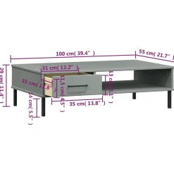 vidaXL Mesa de centro con patas de metal OSLO madera maciza pino Gris Best