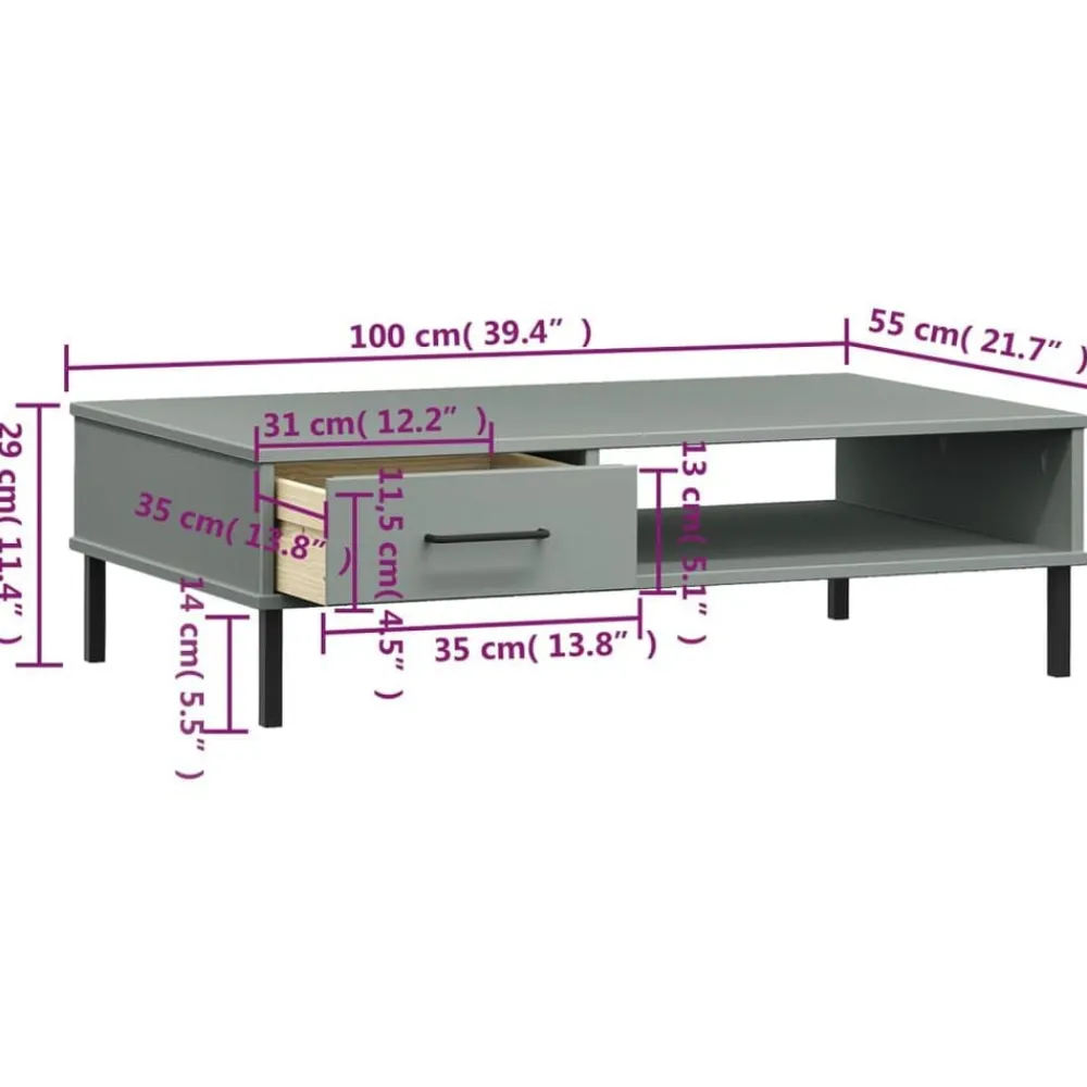 vidaXL Mesa de centro con patas de metal OSLO madera maciza pino Gris Best