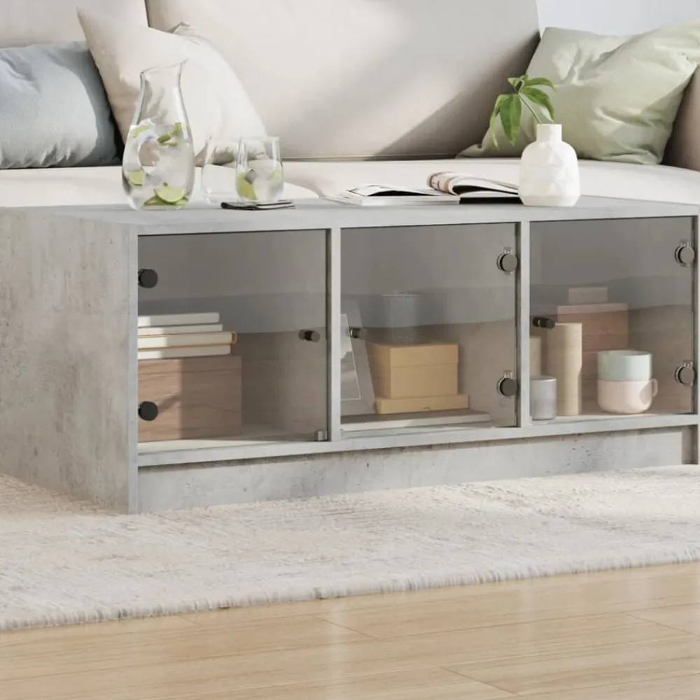 vidaXL Mesa de centro con puertas de vidrio grs hormigón 102x50x42 cm Gris hormigón Online