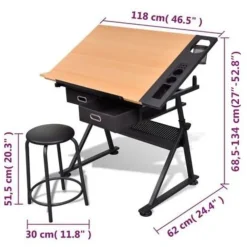 vidaXL Mobiliario De Oficina-Mesa de dibujo inclinable con 2 cajones y taburete