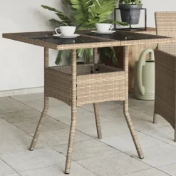 vidaXL Muebles De Jardín-Mesa de jardín superficie de vidrio ratán PE 80x80x75 cm