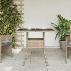 vidaXL Muebles De Jardín-Mesa de jardín superficie de vidrio ratán PE 80x80x75 cm
