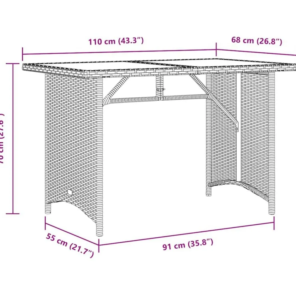 vidaXL Mesa de jardín superficie de vidrio ratán PE 110x68x70 cm Gris Hot