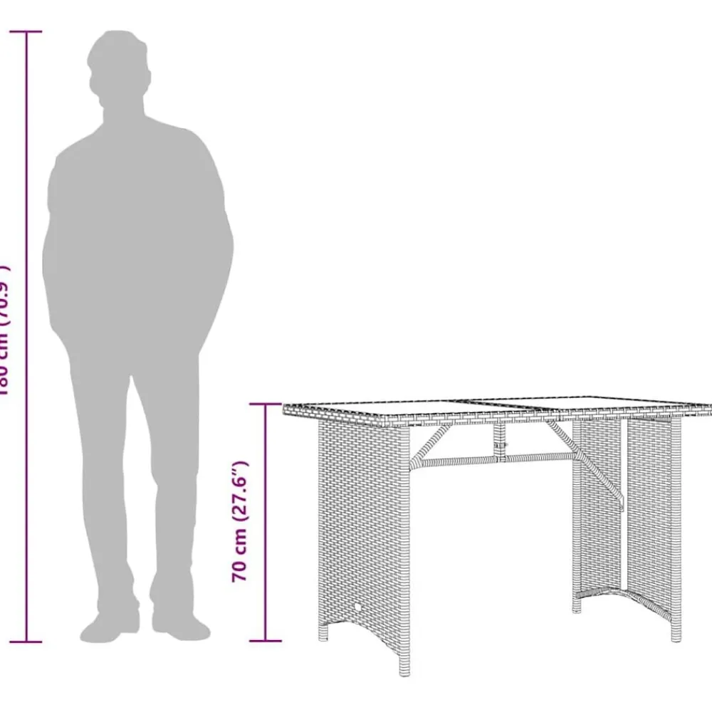 vidaXL Mesa de jardín superficie de vidrio ratán PE 110x68x70 cm Gris Hot