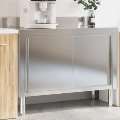 vidaXL Restauración-Mesa de trabajo de cocina puertas correderas acero inoxidable