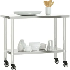 vidaXL Restauración-Mesa de trabajo de cocina con ruedas acero inox 110x55x85 cm