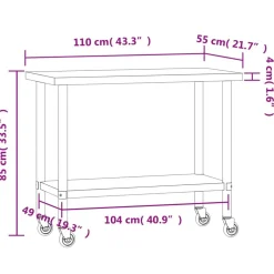 vidaXL Restauración-Mesa de trabajo de cocina con ruedas acero inox 110x55x85 cm