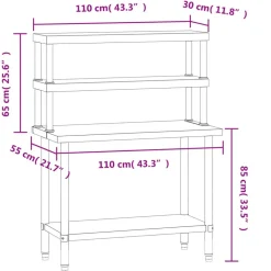 vidaXL Restauración-Mesa de trabajo para cocina con estante acero inox 110x55x150cm