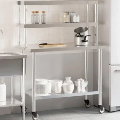 vidaXL Restauración-Mesa de trabajo para cocina con estante acero inox 110x55x150cm