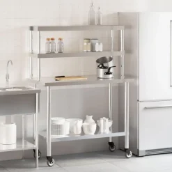 vidaXL Restauración-Mesa de trabajo para cocina con estante acero inox 110x55x150cm