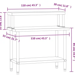 vidaXL Mesa de trabajo para cocina con estante acero inox 110x55x120cm Online