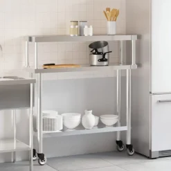 vidaXL Mesa de trabajo para cocina con estante acero inox 110x30x120cm Clearance